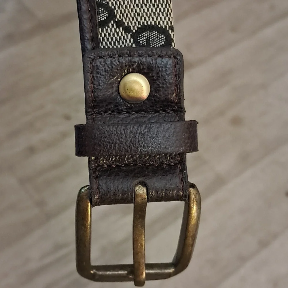 Gucci Canvas Leather Trimmed Belt Brass Buckle Size 38 Luxury Classic Preowned